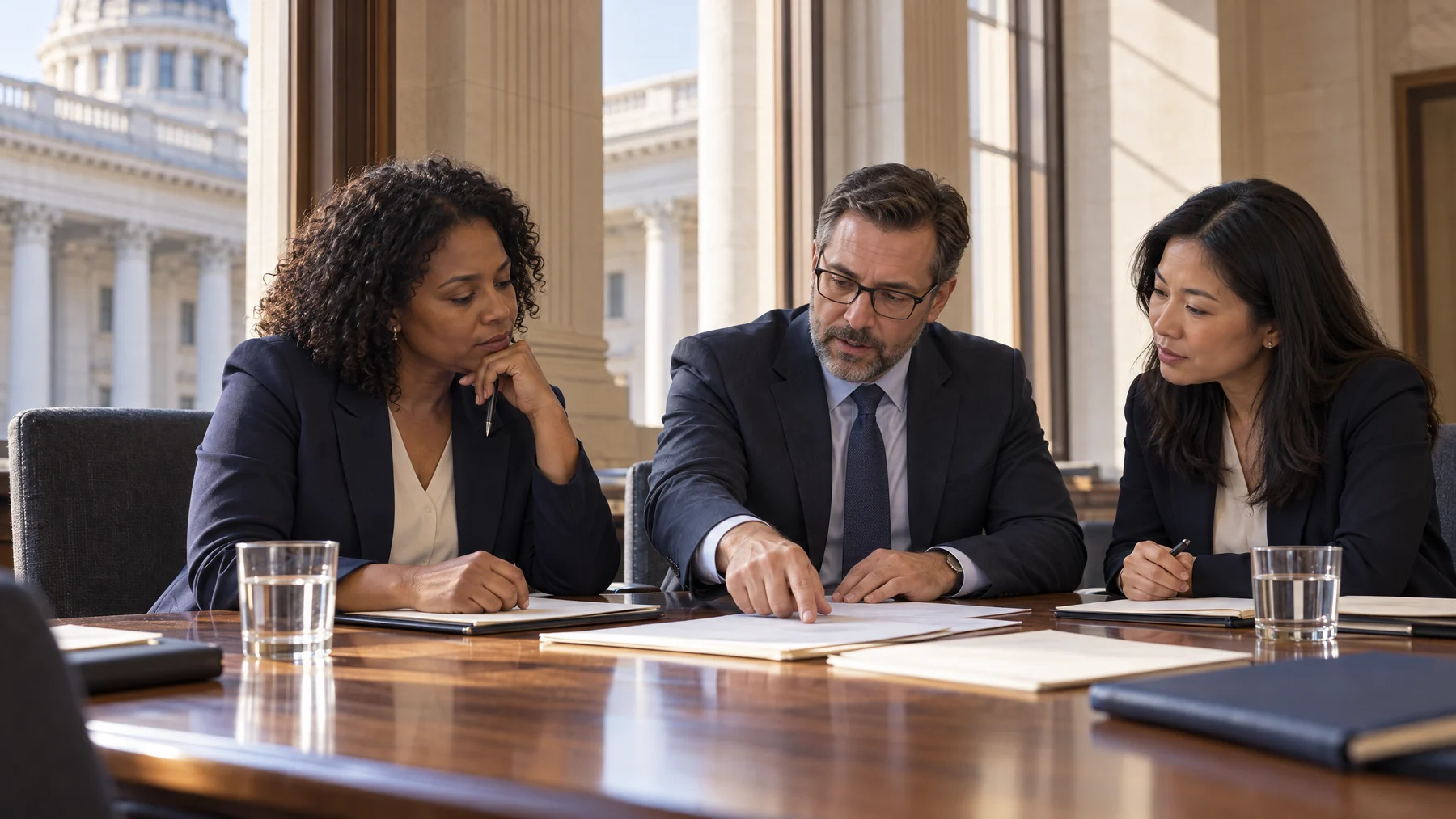 Escena ilustrativa de profesionales de una autoridad pública revisando registros juntos en una oficina administrativa, sin software visible
