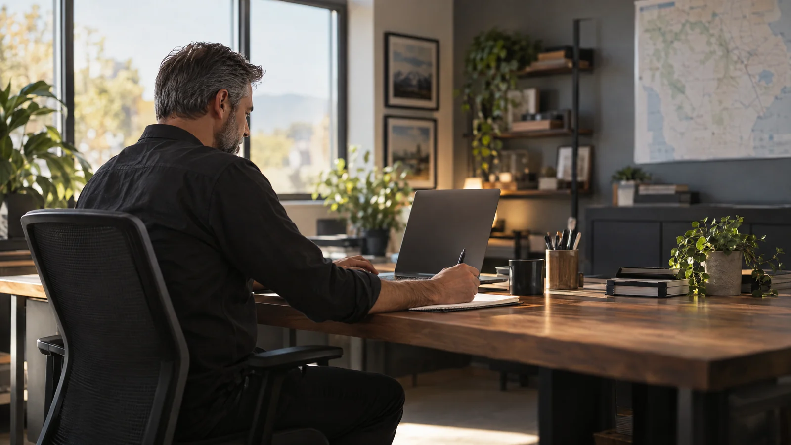 Illustrative route operator reviewing a laptop with its screen facing away from the viewer