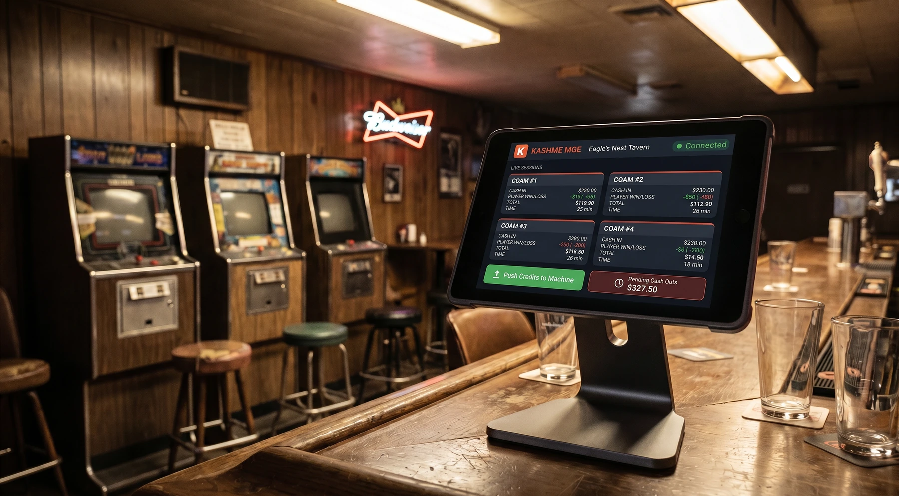 Original AXES KashME MGE cashier-monitor artwork in a route gaming location