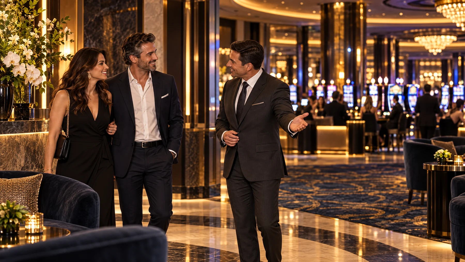 Escena ilustrativa de hospitalidad en un casino con un anfitrión que recibe a clientes adultos