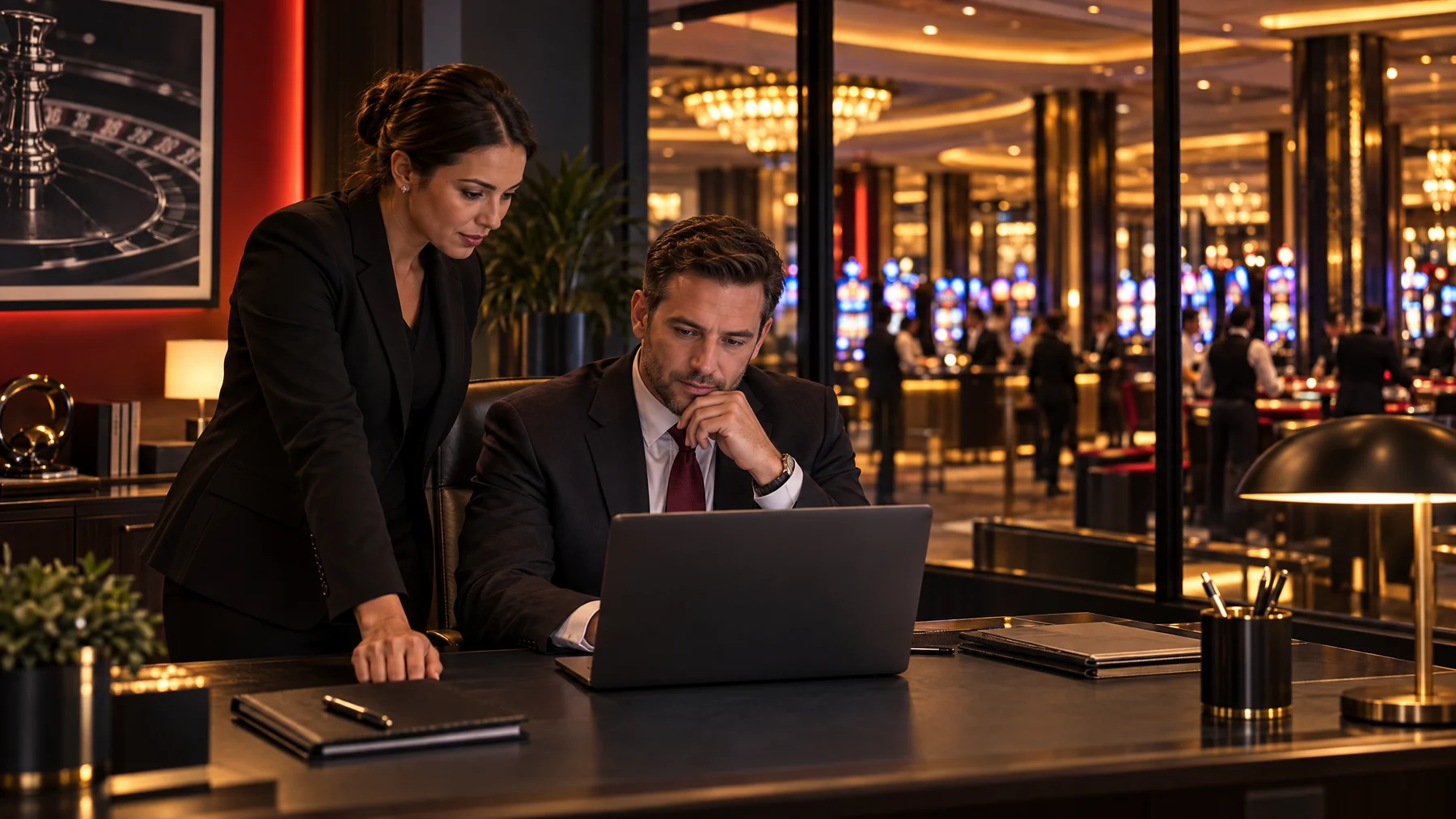 Escena ilustrativa de operaciones de Casino con personal conversando en una oficina interna, sin ninguna pantalla de software visible