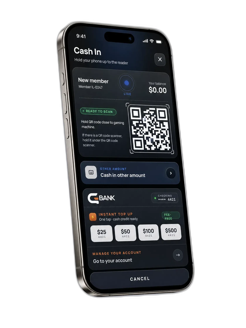 Pantalla de depósito de la billetera digital empresarial que muestra un pago con código QR y la carga de fondos de la billetera.